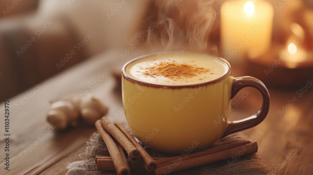 Adaptogen golden milk with turmeric in a rustic setting Adaptogen golden milk with turmeric in a rustic setting