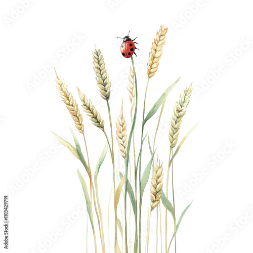 A ladybug perched atop golden wheat stalks, white isolated background.