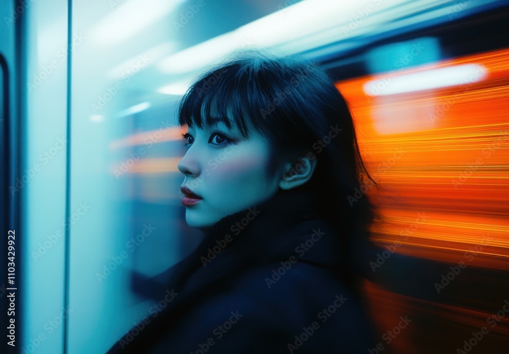 Young woman with dark hair gazing out of a moving subway train, illuminated by vibrant blue and orange lights, creating a sense of motion and urban energy in a captivating moment. Young woman with dark hair gazing out of a moving subway train, illuminated by vibrant blue and orange lights, creating a sense of motion and urban energy in a captivating moment.
