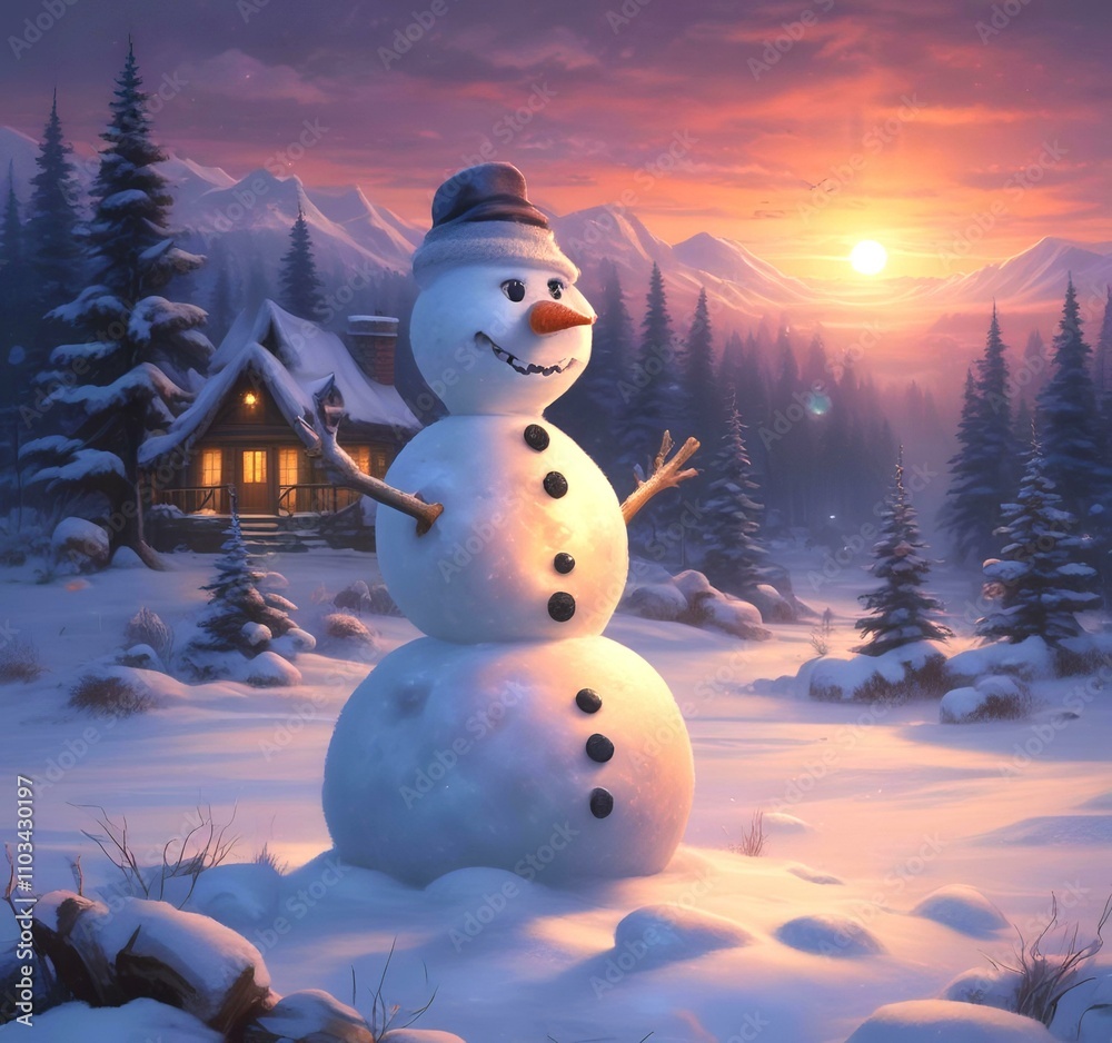 Fototapeta premium Illustration of winter landscape with funny snowoman.