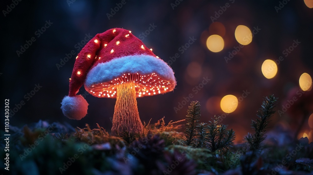 Fototapeta premium Glowing fantasy mushroom with Christmas hat in enchanted forest