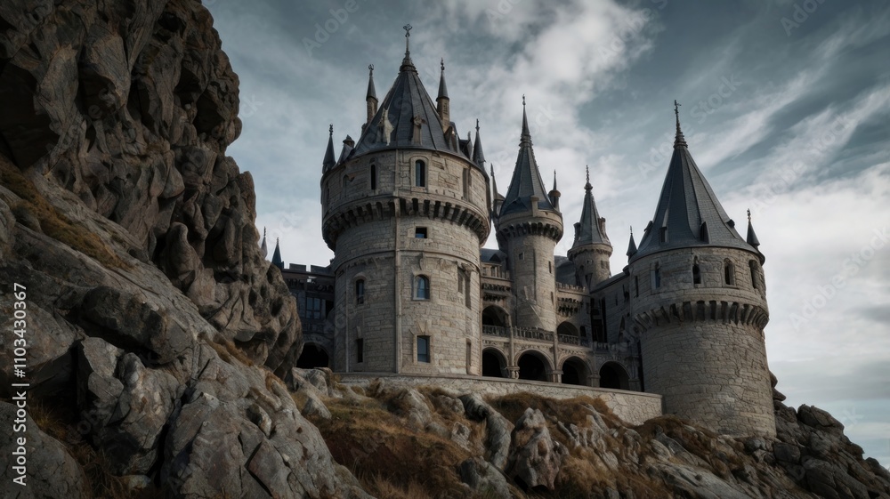 Majestic stone castle perched atop a rocky cliff, dramatic sky. Majestic stone castle perched atop a rocky cliff, dramatic sky.