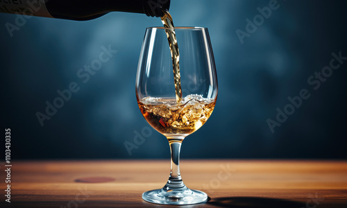 glass of wine being poured, capturing rich golden color and dynamic splash. Perfect for wine enthusiasts and elegant dining settings photo