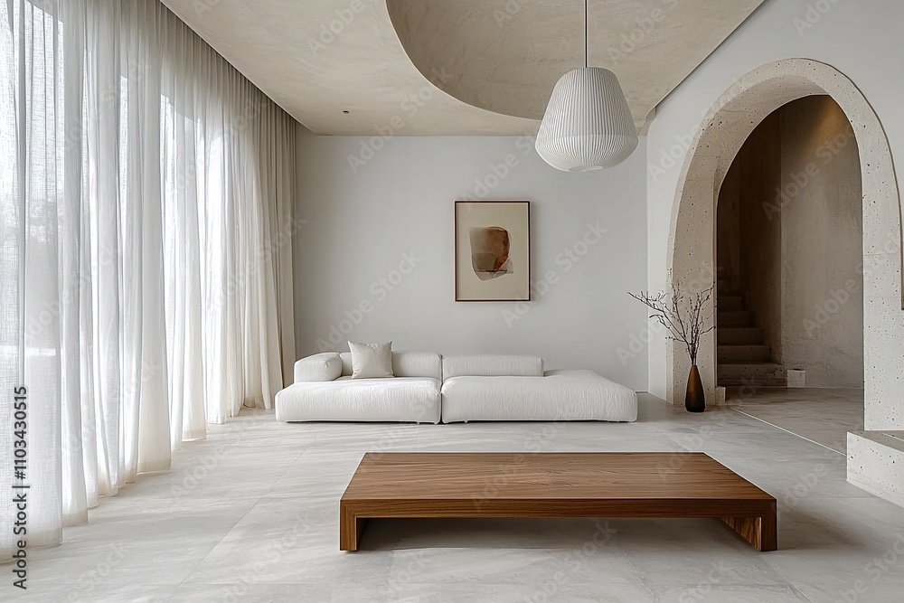 Obraz premium Photograph of a combination of Scandinavian interiors and japandi interiors in a modern living room with white finishes and white sofas and tables visible. Generative AI 