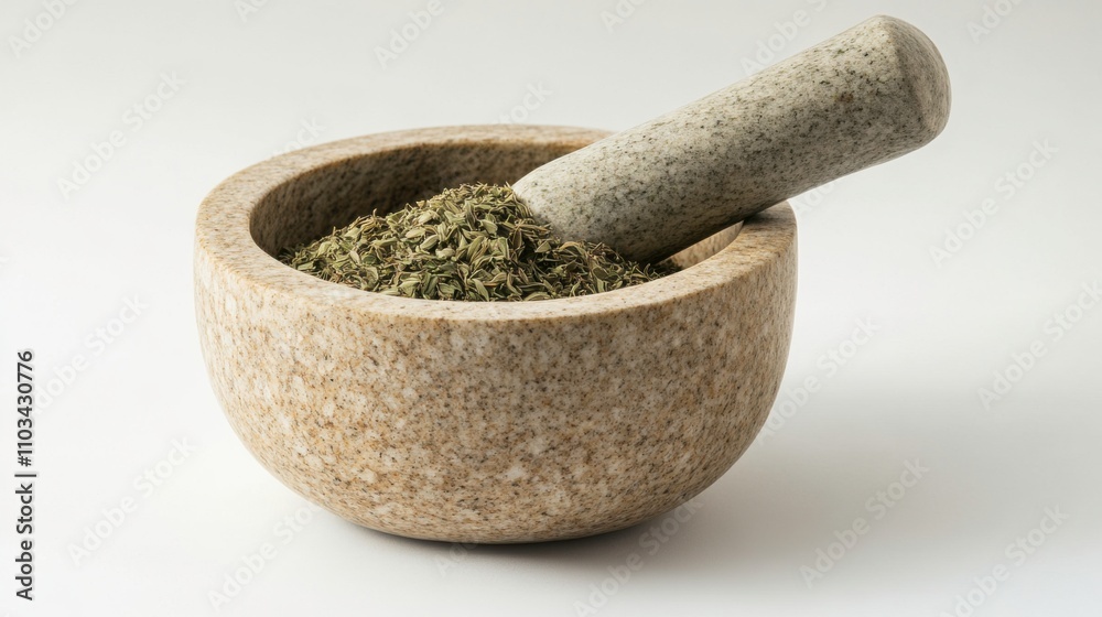 Natural Mortar and Pestle with Dried Herbs on a Light Background, Perfect for Culinary and Herbal Applications in Cooking and Natural Remedies