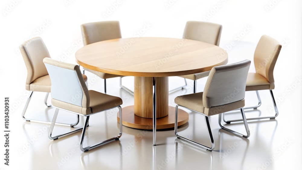 Isolated Round Table with Chairs on White Background - Perfect for Interior Design, Office Spaces, and Modern Home Decor Concepts in Tilt-Shift Photography Style Isolated Round Table with Chairs on White Background - Perfect for Interior Design, Office Spaces, and Modern Home Decor Concepts in Tilt-Shift Photography Style