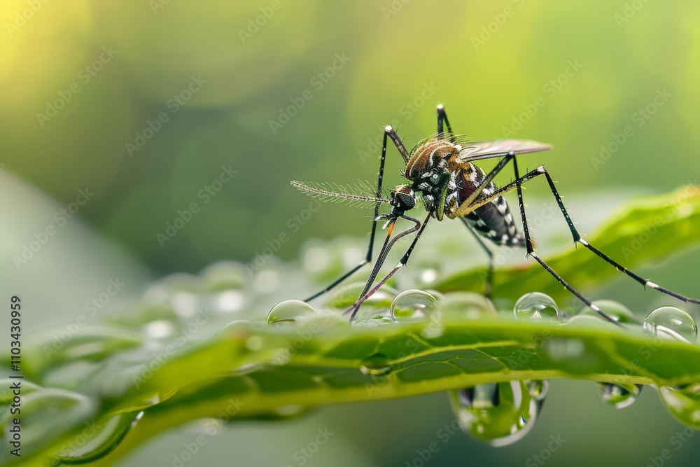 Aedes Mosquito Resting on Leaf with Water Drops Aedes Mosquito Resting on Leaf with Water Drops
