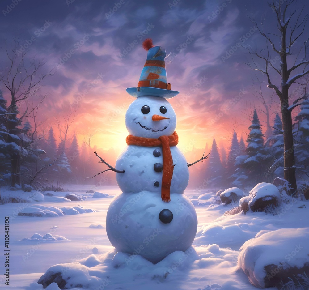 Obraz premium Illustration of winter landscape with funny snowoman.