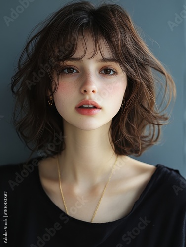 Casual Chic Young Woman in Black Top and Gold Jewelry Staring Directly at the Camera