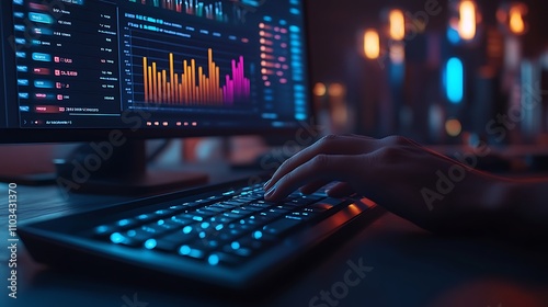 Professional workspace featuring a hand typing on an ergonomic keyboard, sales chart with colorful bars and numerical data visible on a high-resolution screen,