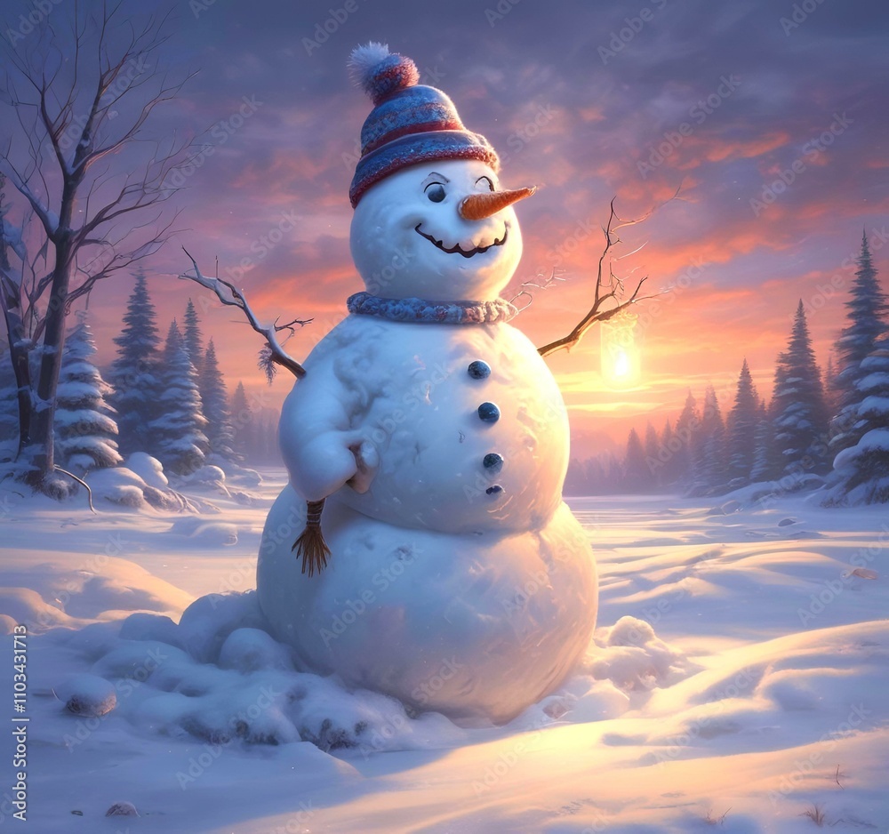 Fototapeta premium Illustration of winter landscape with funny snowoman.