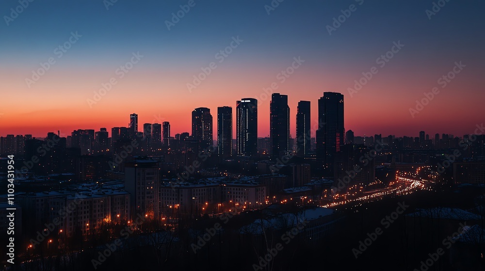 A cityscape with a hazy sky at sunset.