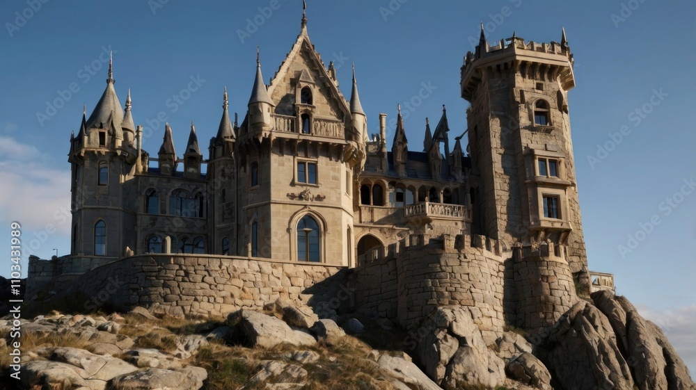 Majestic stone castle perched atop a rocky hill, bathed in sunlight against a clear blue sky. Majestic stone castle perched atop a rocky hill, bathed in sunlight against a clear blue sky.