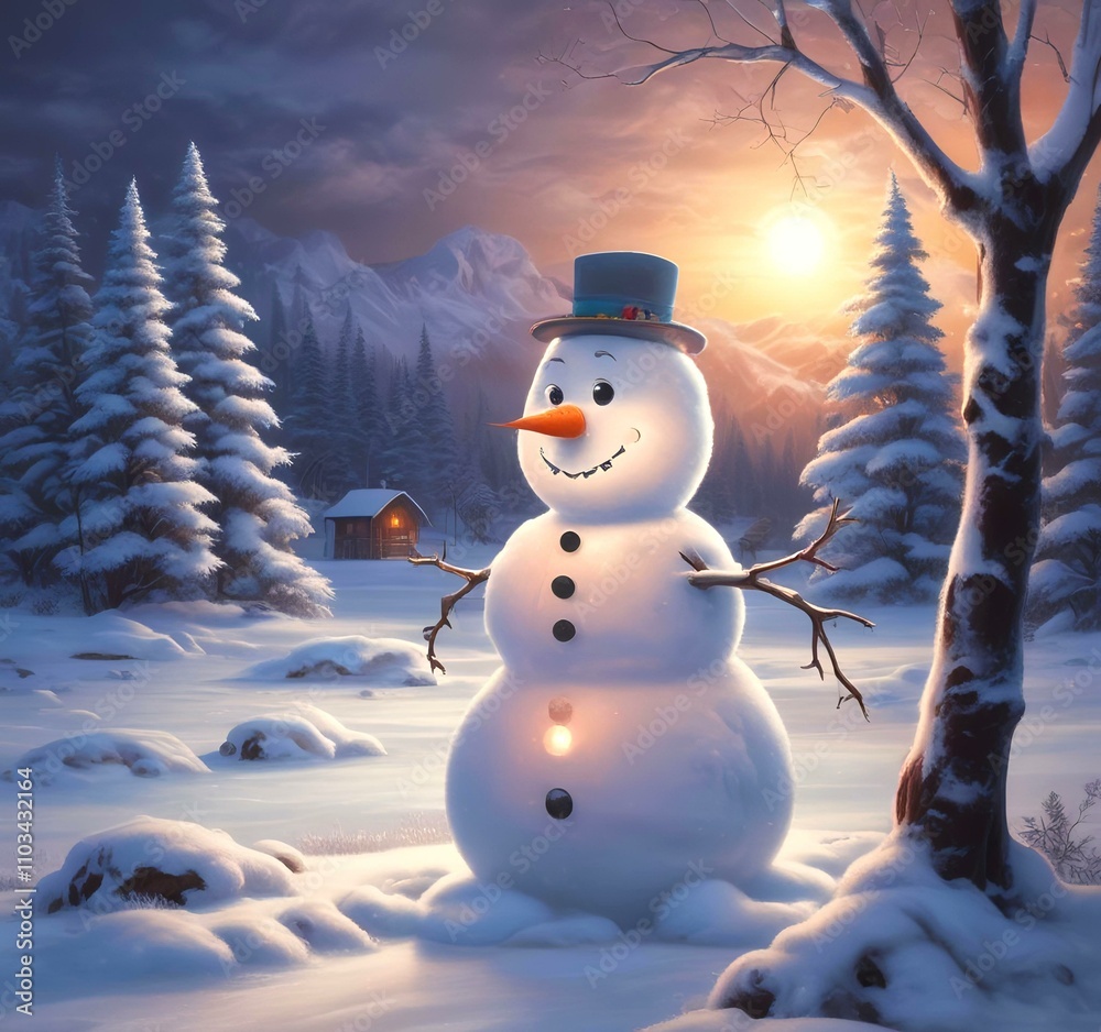 Fototapeta premium Illustration of winter landscape with funny snowoman.
