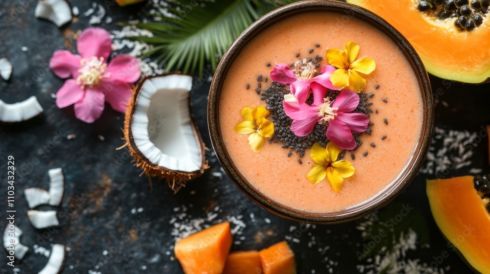 Papaya and coconut smoothie bowl with edible flowers Papaya and coconut smoothie bowl with edible flowers
