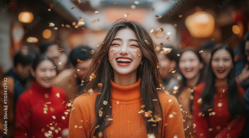A woman in an orange sweater is surrounded by people and is smiling A woman in an orange sweater is surrounded by people and is smiling