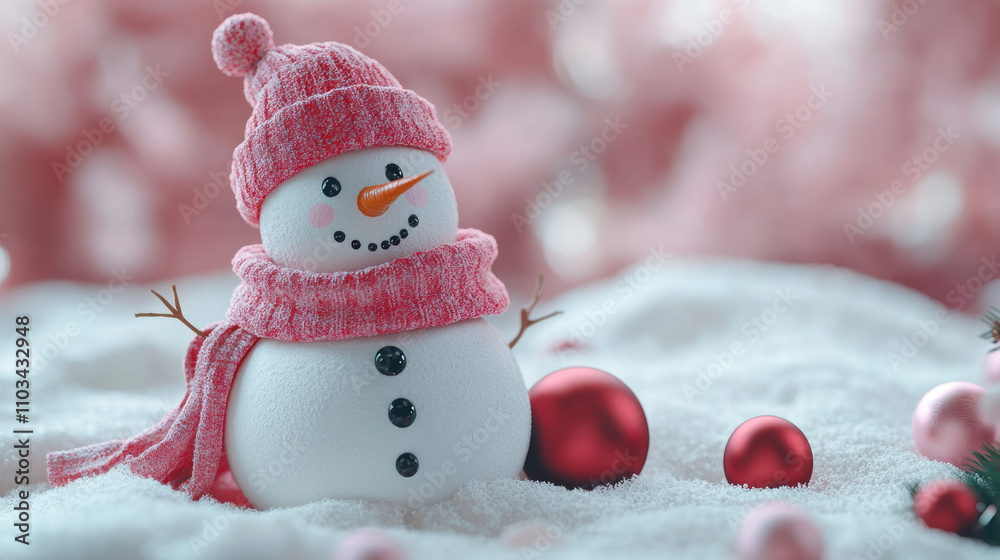 Obraz premium snowman as a 3D animated character in a futuristic Christmas ad campaign, adorned with a pink scarf and hat, surrounded by festive decorations, evoking a warm winter atmosphere.