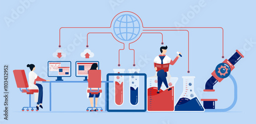 vector illustration of Doctors and professors leverage internet and network technology to conduct experiments on chemical methods and treatments in the laboratory to advance medical science