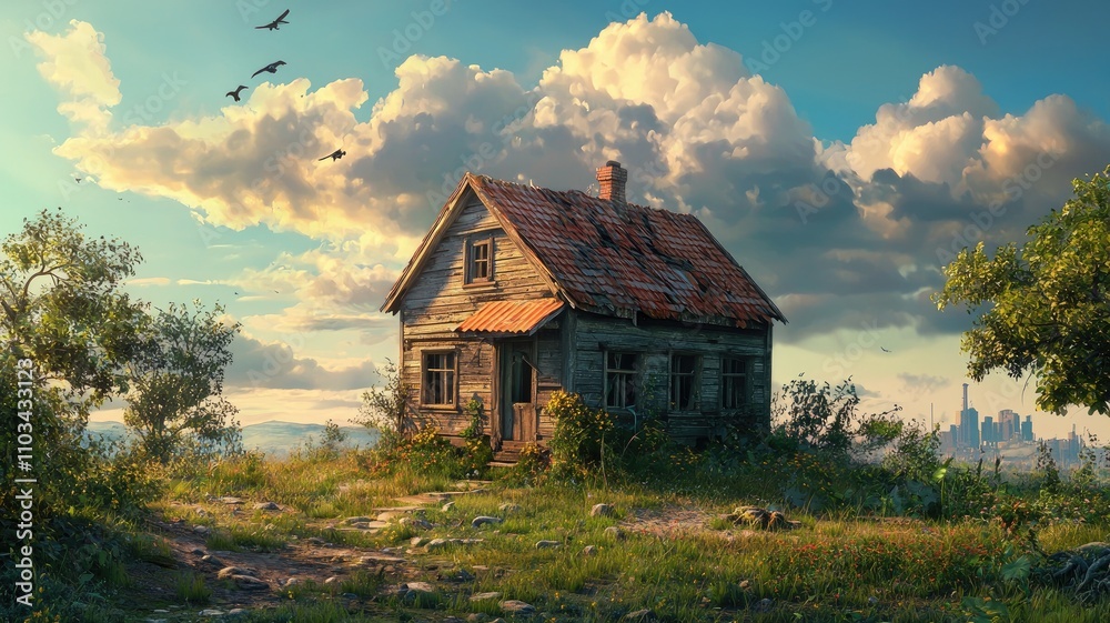 A Rustic Wooden Cabin Surrounded by Lush Greenery and a Distant Cityscape A Rustic Wooden Cabin Surrounded by Lush Greenery and a Distant Cityscape