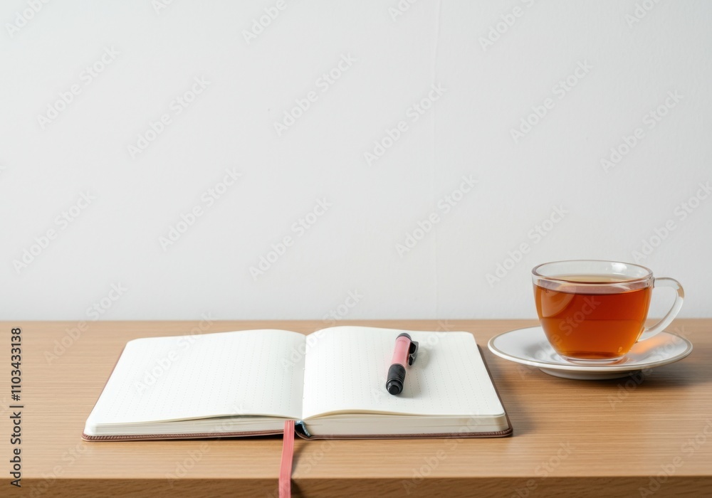 Cozy writing space featuring an open notebook with a pen and a teacup on a wooden table, ideal for creative journaling or studying Cozy writing space featuring an open notebook with a pen and a teacup on a wooden table, ideal for creative journaling or studying