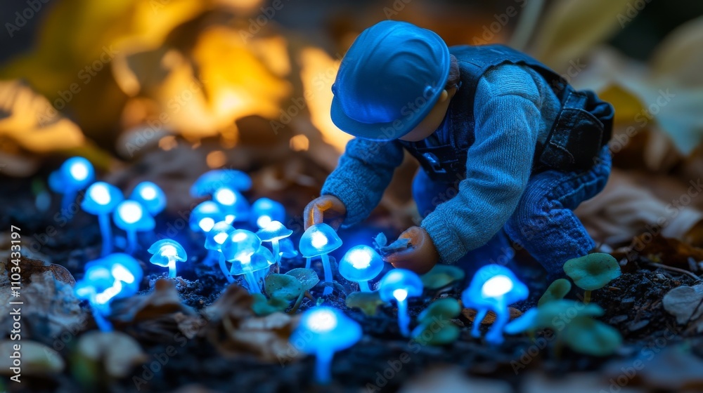 A miniature figure tending to glowing blue mushrooms in a whimsical forest setting. A miniature figure tending to glowing blue mushrooms in a whimsical forest setting.