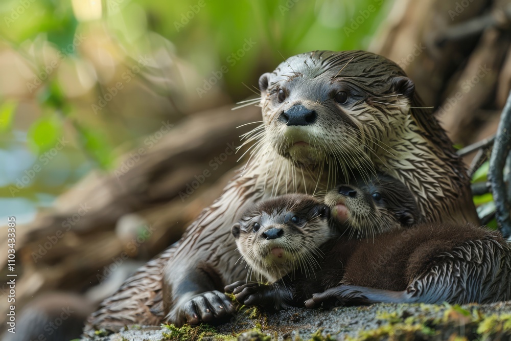 Heartwarming Scene of Otter Mother and Her Pup Heartwarming Scene of Otter Mother and Her Pup