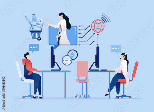 vector illustration of Students engaging in telemedicine for more efficient remote treatment and using internet technology to provide healthcare solutions