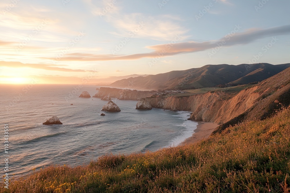 Sunset over rocky coastline with cliffs and ocean waves along the California shoreline