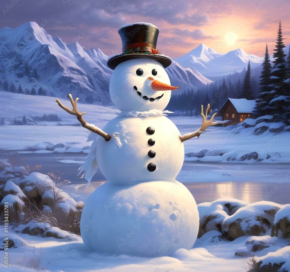 Obraz premium Illustration of winter landscape with funny snowoman.