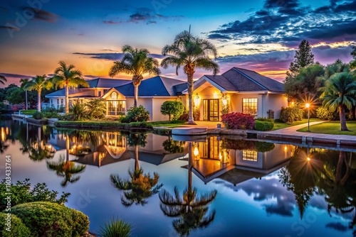 Captivating Evening View of American Dream Homes in North Port, Florida's Waterfront Cul-de-Sac, Showcasing Suburban Serenity and Architectural Beauty
