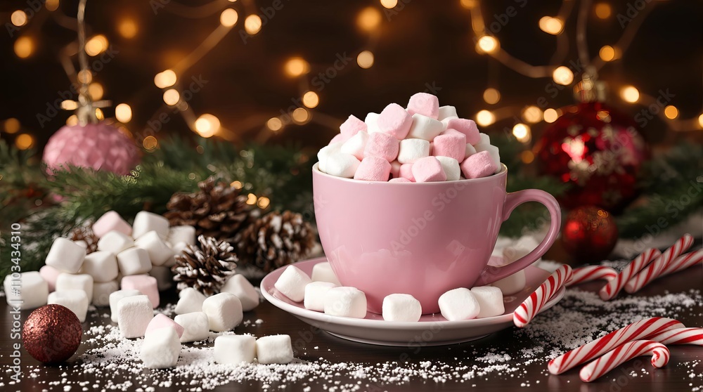 Pink mug filled with marshmallows, festive Christmas display, perfect holiday banner Pink mug filled with marshmallows, festive Christmas display, perfect holiday banner