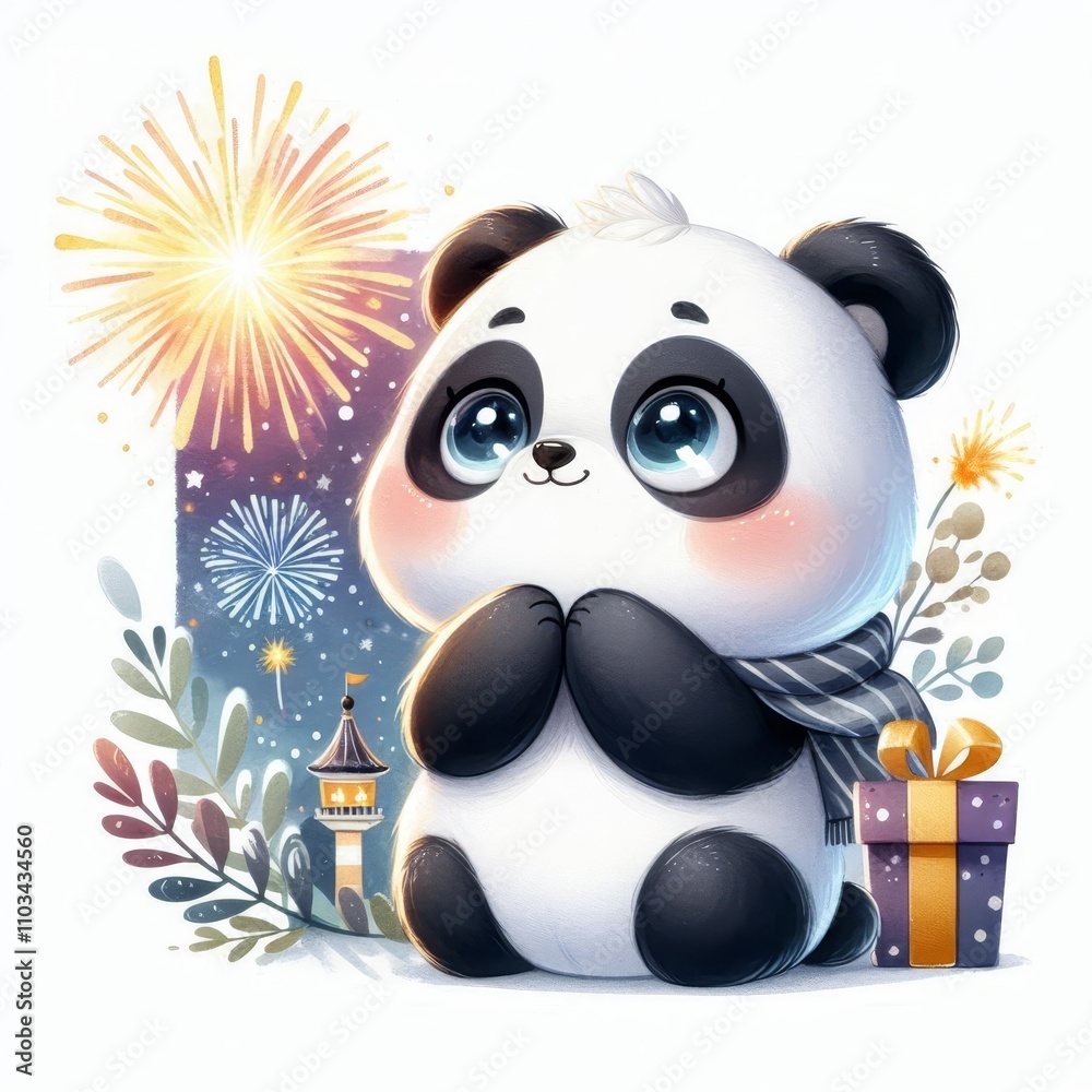 Cute panda with a gift box and fireworks background. Watercolor illustration for holiday and celebration themes