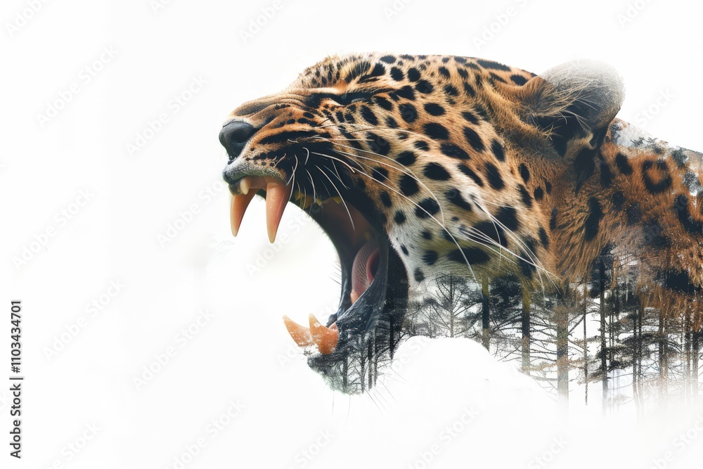 Obraz premium Roaring Leopard in Misty Forest Double Exposure
