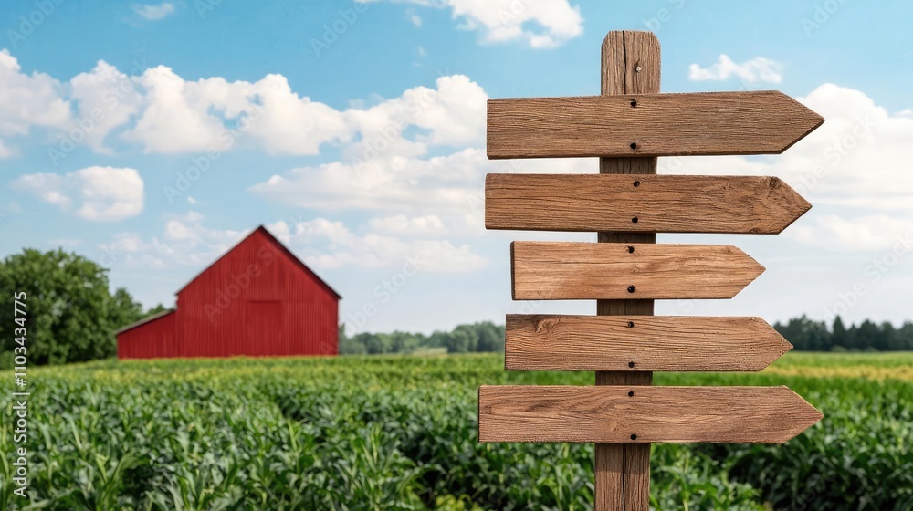 Naklejka premium A rustic wooden signpost with multiple directions stands in a vibrant green field, with a charming red barn in the background under a blue sky.