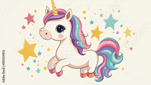 Adorable Rainbow Unicorn Surrounded By Sparkling Stars