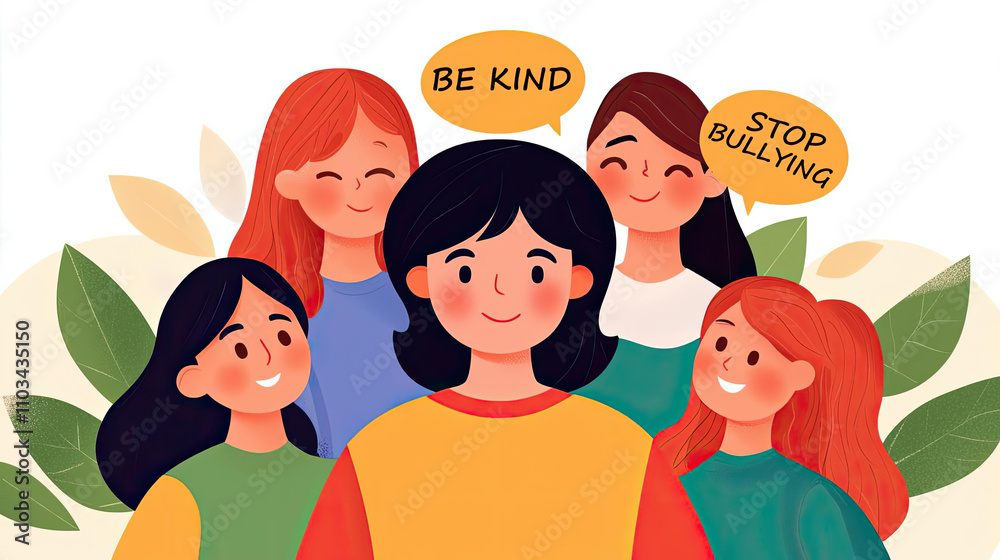 Illustration of diverse girls promoting kindness and anti-bullying messages in a cheerful and supportive environment, with greenery in the background. Illustration of diverse girls promoting kindness and anti-bullying messages in a cheerful and supportive environment, with greenery in the background.