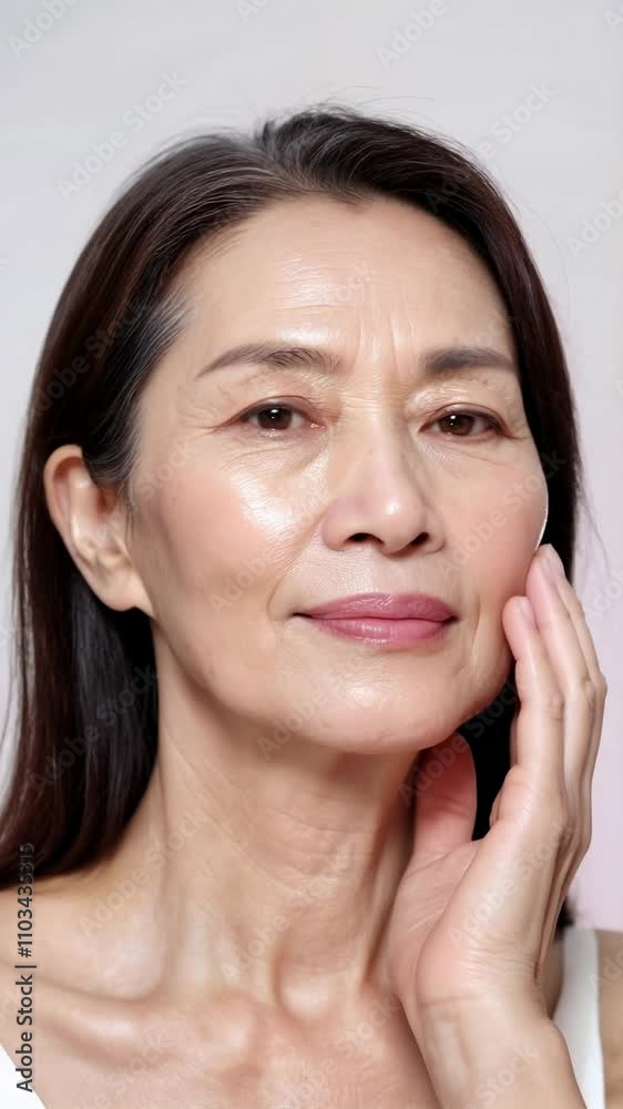 senior asian woman posing for a anti aging cream product in studio feeling her skin face with her hand 
