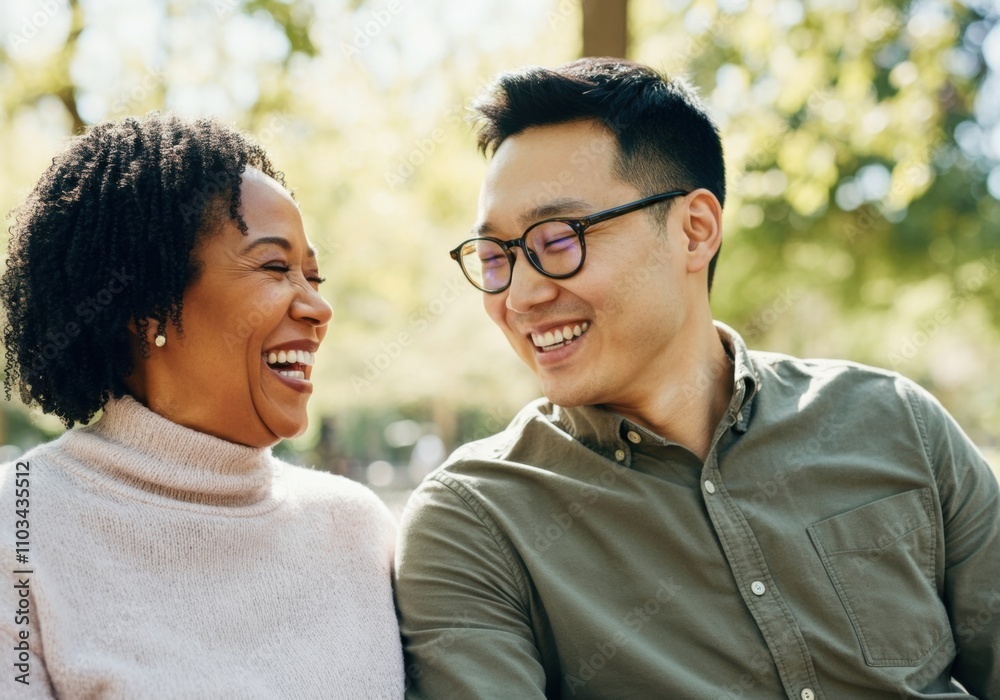Happy couple laughing and enjoying each other's company in a park Happy couple laughing and enjoying each other's company in a park