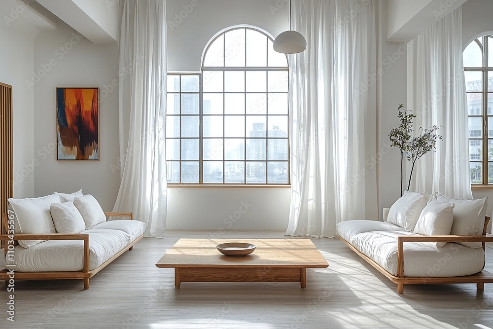 Fototapeta premium A living room with a sofa and windows and curtains. A living room with a combination of japandi and Scandinavian interiors. Generative AI 