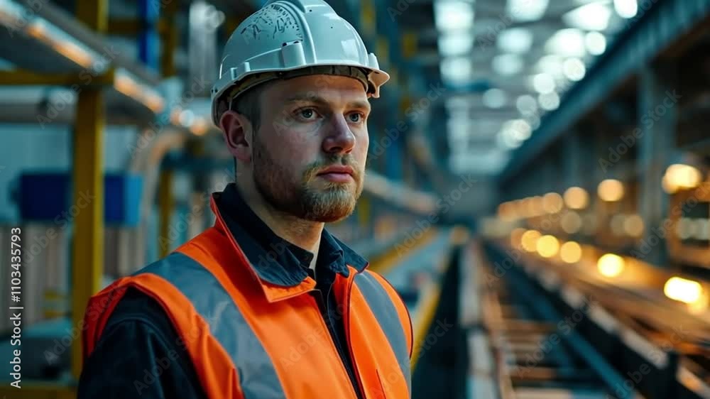 male in large warehouse wearing high vis protective uniform male in large warehouse wearing high vis protective uniform