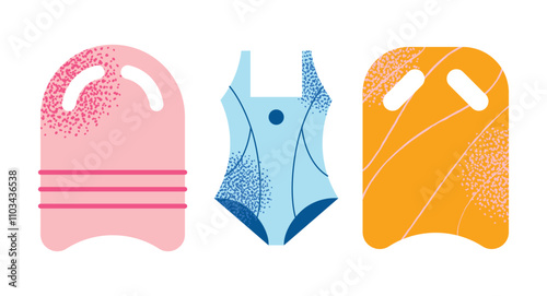 Collection of swimming equipment and accessories swimsuits, goggles, flippers, swim caps, water bottle, towel, and kickboard. Flat cartoon illustration with colorful design elements isolated