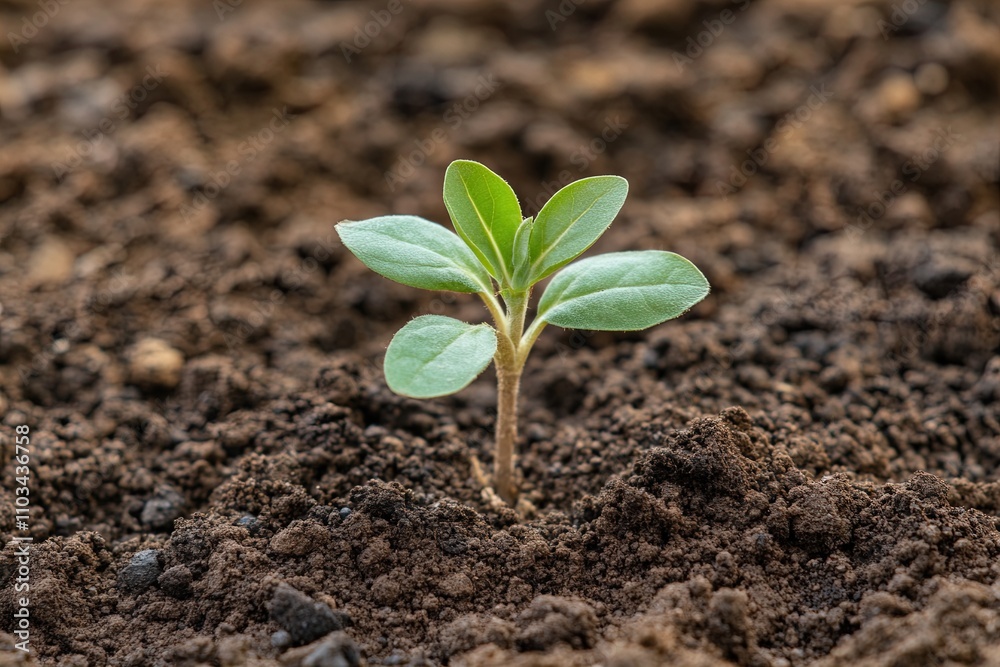 New plant sprouting from rich soil, symbolizing growth and renewal in a garden setting New plant sprouting from rich soil, symbolizing growth and renewal in a garden setting