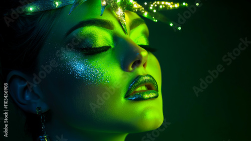 Artistic Close-Up of a Woman with Bold High-Fashion Christmas Makeup Featuring Glitter Accents and Holiday Colors for Festive Promotions