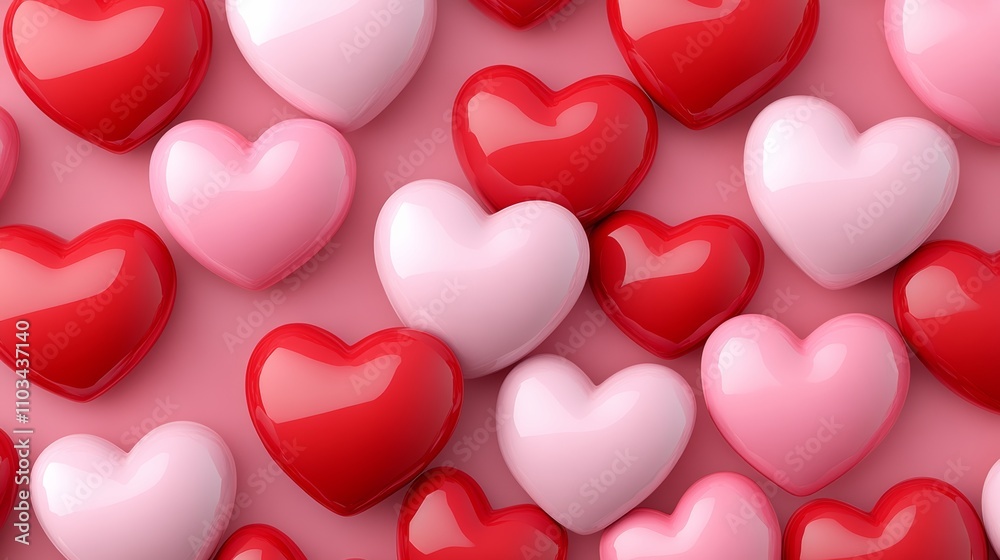 A row of hearts in pink and red are arranged in a pattern. The hearts are all different sizes and are placed in various positions. Scene is one of love and affection A row of hearts in pink and red are arranged in a pattern. The hearts are all different sizes and are placed in various positions. Scene is one of love and affection