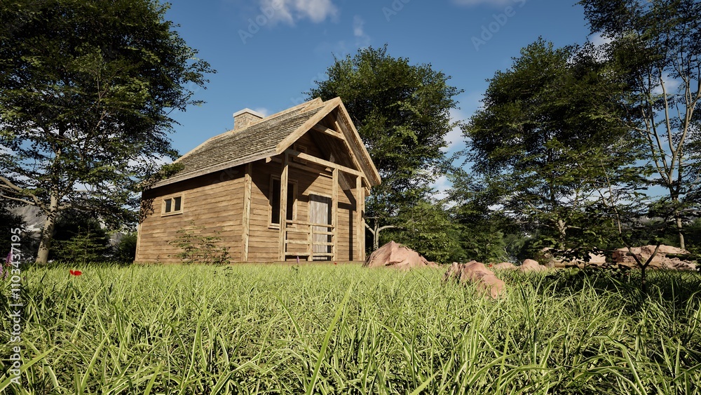3D Realistic Render Abandoned Wooden House In Forest 3D Realistic Render Abandoned Wooden House In Forest