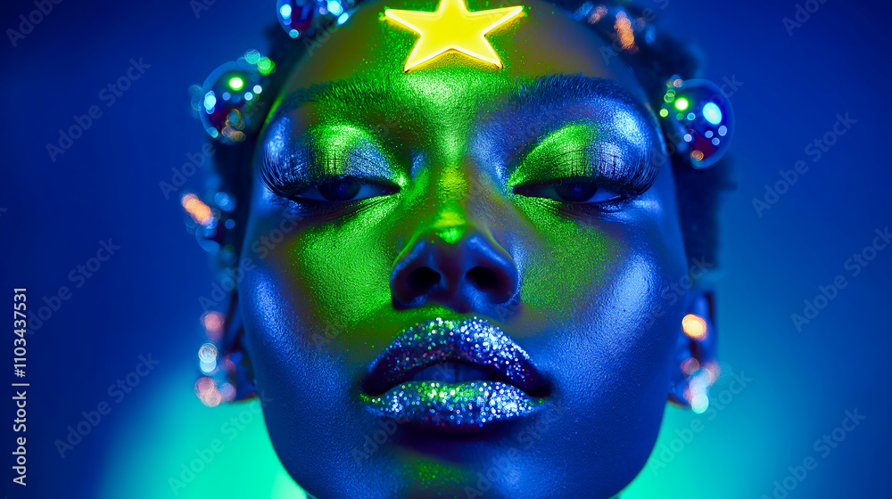 Glamorous Portrait of a Beautiful black Woman in High-Fashion Christmas-Themed Makeup with Glitter and Festive Hues for Holiday Campaigns Glamorous Portrait of a Beautiful black Woman in High-Fashion Christmas-Themed Makeup with Glitter and Festive Hues for Holiday Campaigns