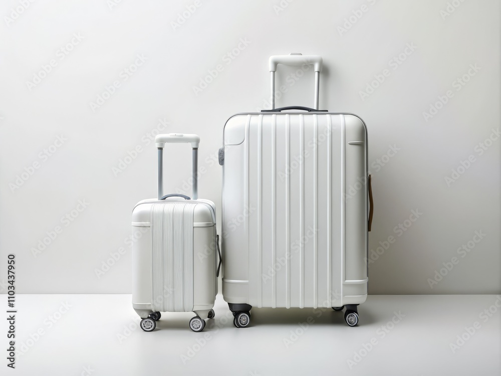 Minimalist Travel Essentials: A White Luggage Set on a White Background - Perfect for Journey Planning, Baggage Mockups, and Accessory Display in Black and White Photography Minimalist Travel Essentials: A White Luggage Set on a White Background - Perfect for Journey Planning, Baggage Mockups, and Accessory Display in Black and White Photography