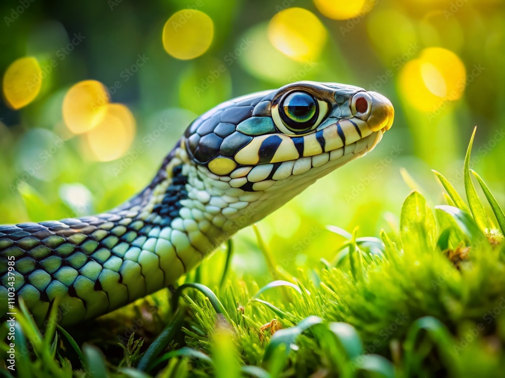 Captivating Grass Snake Natrix in Natural Habitat with Bokeh Effect, Showcasing the Beauty of European Nonvenomous Snakes in a Serene Environment Captivating Grass Snake Natrix in Natural Habitat with Bokeh Effect, Showcasing the Beauty of European Nonvenomous Snakes in a Serene Environment