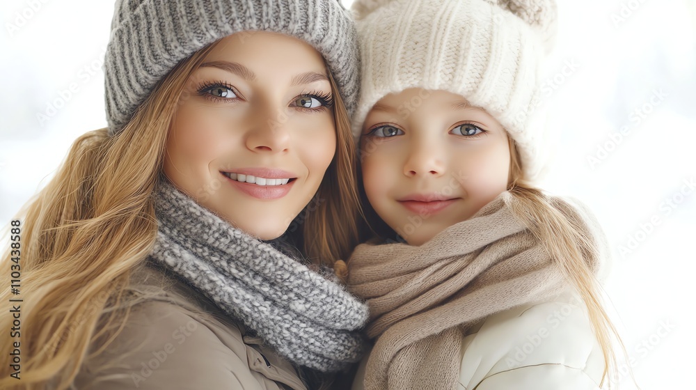 A mother and daughter in winter clothing smile at the camera. A mother and daughter in winter clothing smile at the camera.