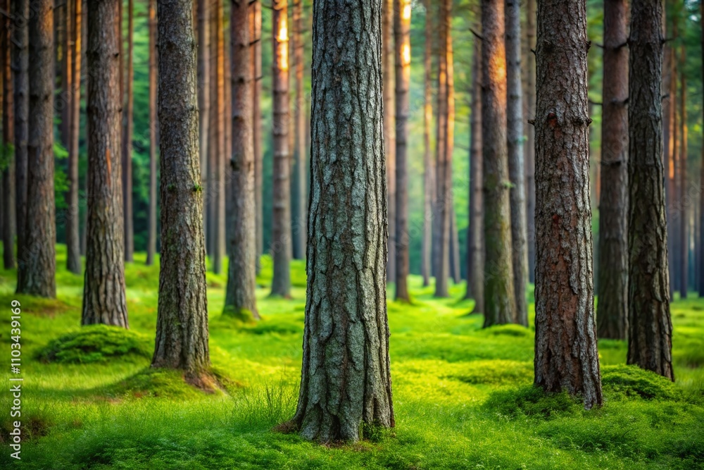 Naklejka premium Captivating Horizontal Banners of Pine Trunks Framed by Lush Grass in a Serene Coniferous Forest Setting, Showcasing Nature's Beauty and Tranquility in Vibrant Detail